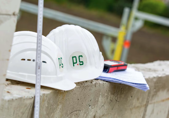 Bauhelme und Werkzeuge auf einer Baustelle